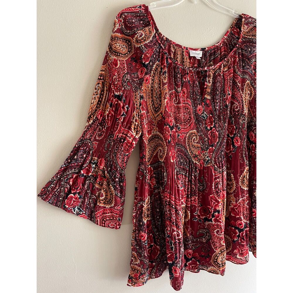 Avenue Red Colorful Boho Top Plus Size 22 24 Pleated Paisley Bell Sleeves - Picture 2 of 10